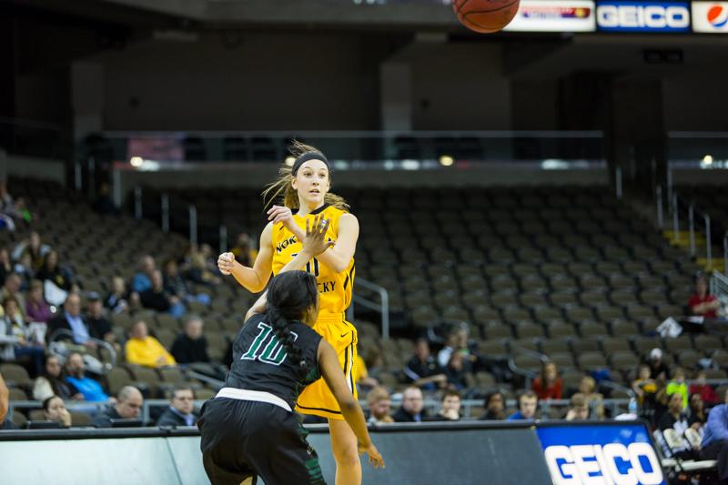 NKU guard Christine Roush passes the ball to a teammate during NKUs win over Stetson. NKU defeated Stetson 68-62 at The Bank of Kentucky Center on Jan. 29, 2015.