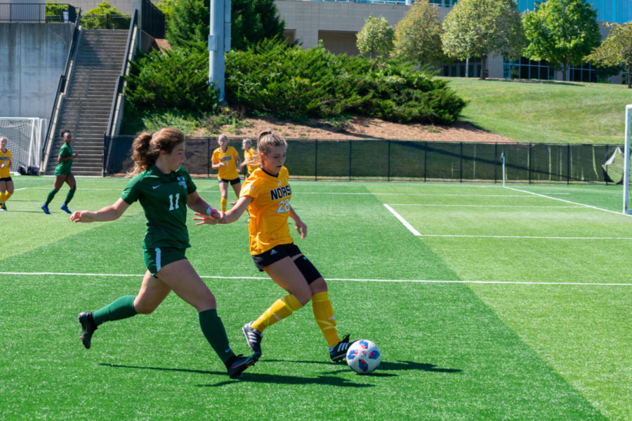 NKU midfielder Kaya Vogt (28) dribbles near the sideline during the Norse 1-0 win over Cleveland State on Sunday.