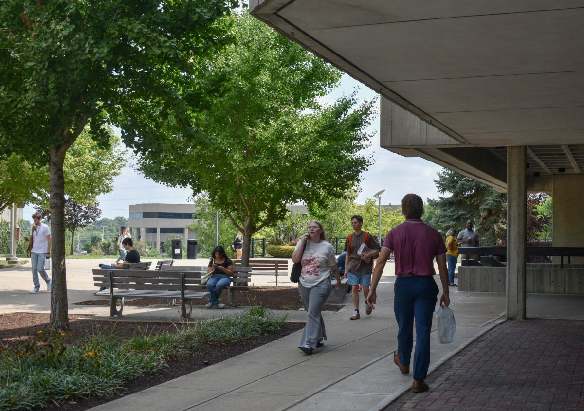 Students walk throughout campus. 