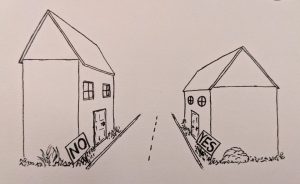 Drawing of neighborhood houses with yard signs reading "yes" and "no."