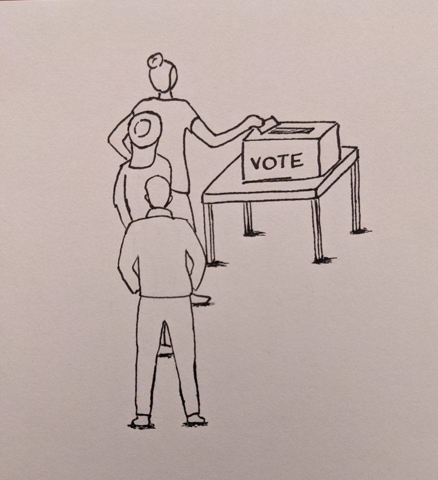 Drawing of people waiting to drop their ballots in the box titled "vote."