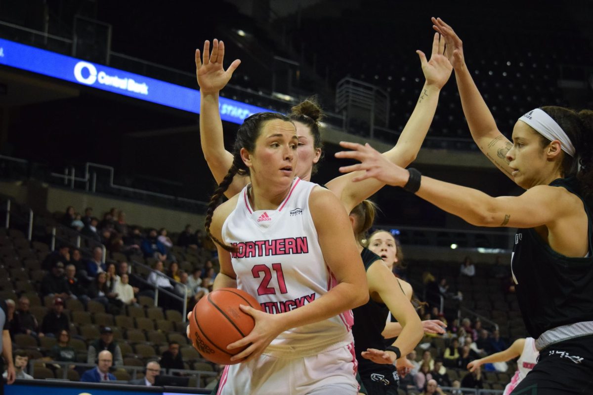 Macey Blevins getting double-teamed in the paint. Green Bay threw all different defensive strategies at NKU.