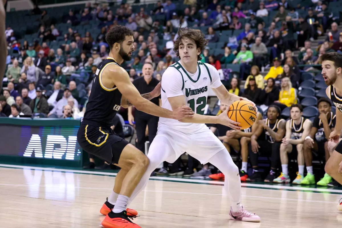 NKU’s Trey Robinson (1) defending Cleveland State’s Dylan Arnett (12). Arnett put on a show as he racked up 16 points, 10 rebounds and four assists. While Robinson struggled, he put up six points going 2-9 from the field in 31 minutes of action.