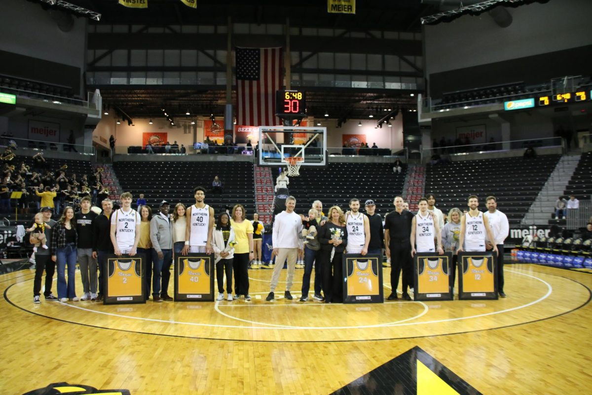 All five seniors being honored on Saturday: (Left to right) Sam Vinson, Keeyan Itejere, Jake Evans, Hubertas Pivorius and Josh Dilling.